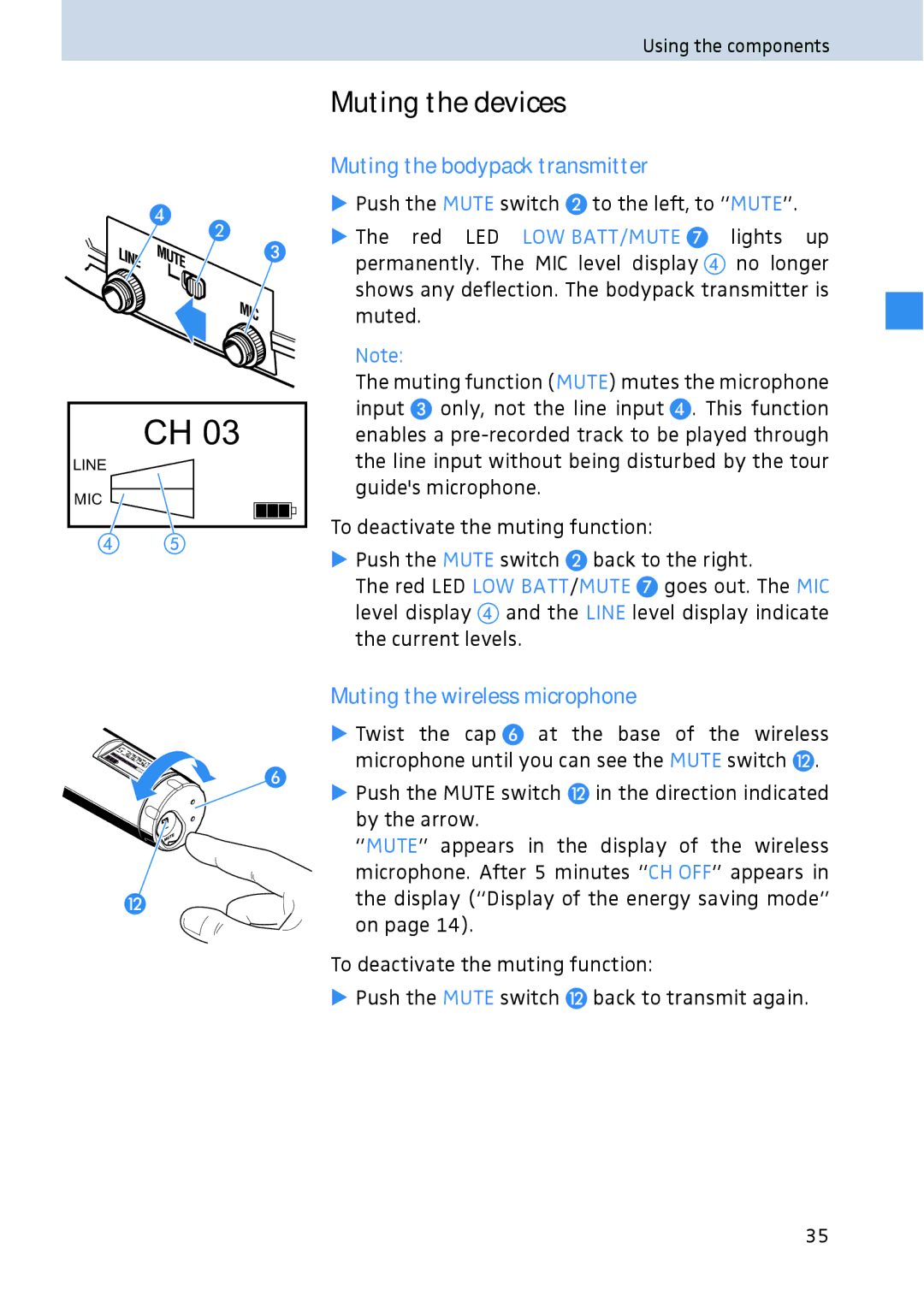 Sennheiser 2020 manual Muting the devices, Muting the bodypack transmitter, Muting the wireless microphone 