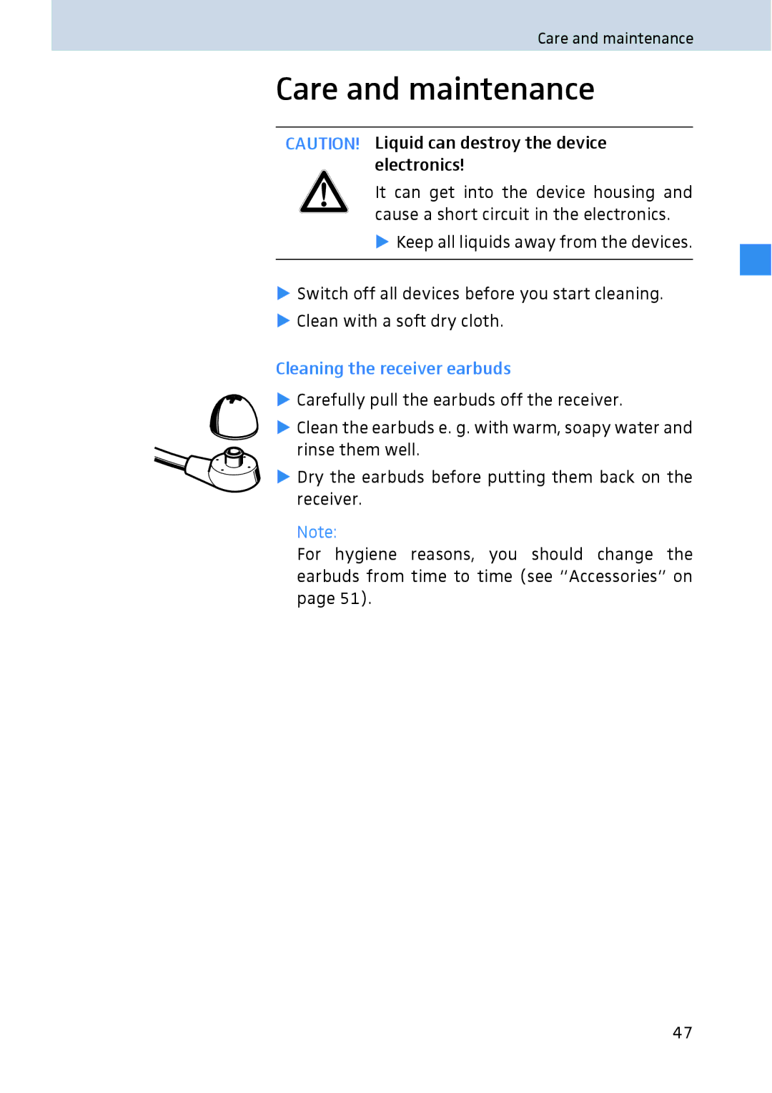 Sennheiser 2020 manual Care and maintenance, Cleaning the receiver earbuds 