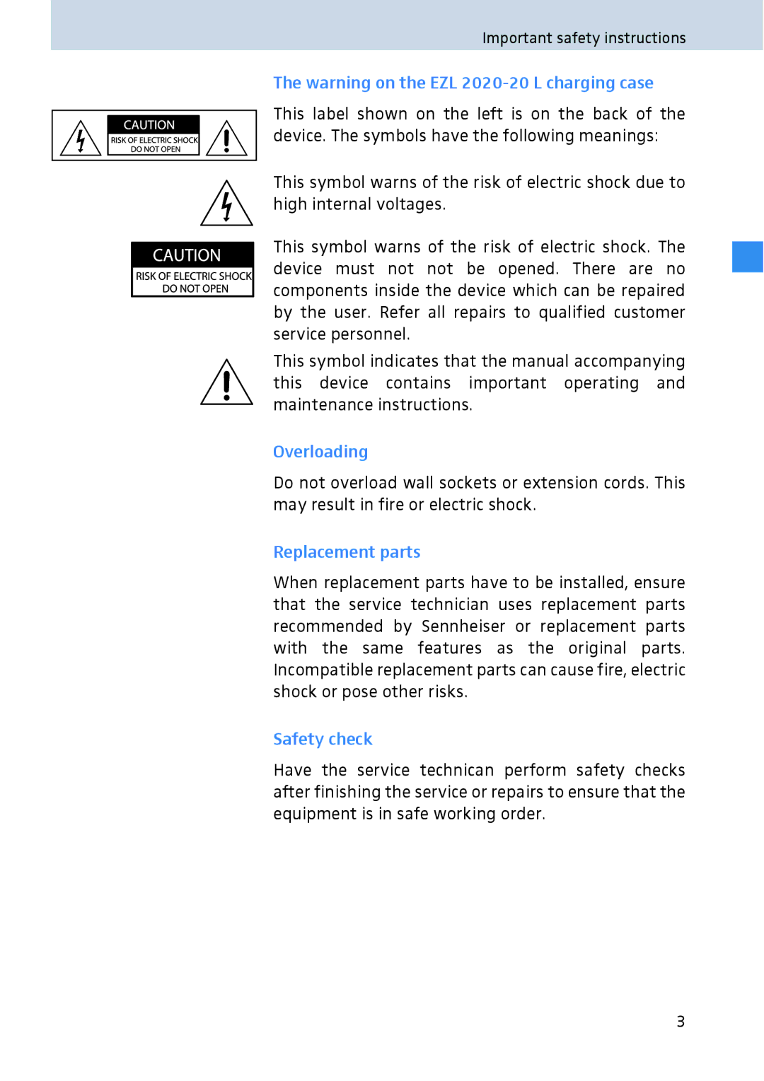 Sennheiser 2020 manual Overloading, Replacement parts, Safety check 