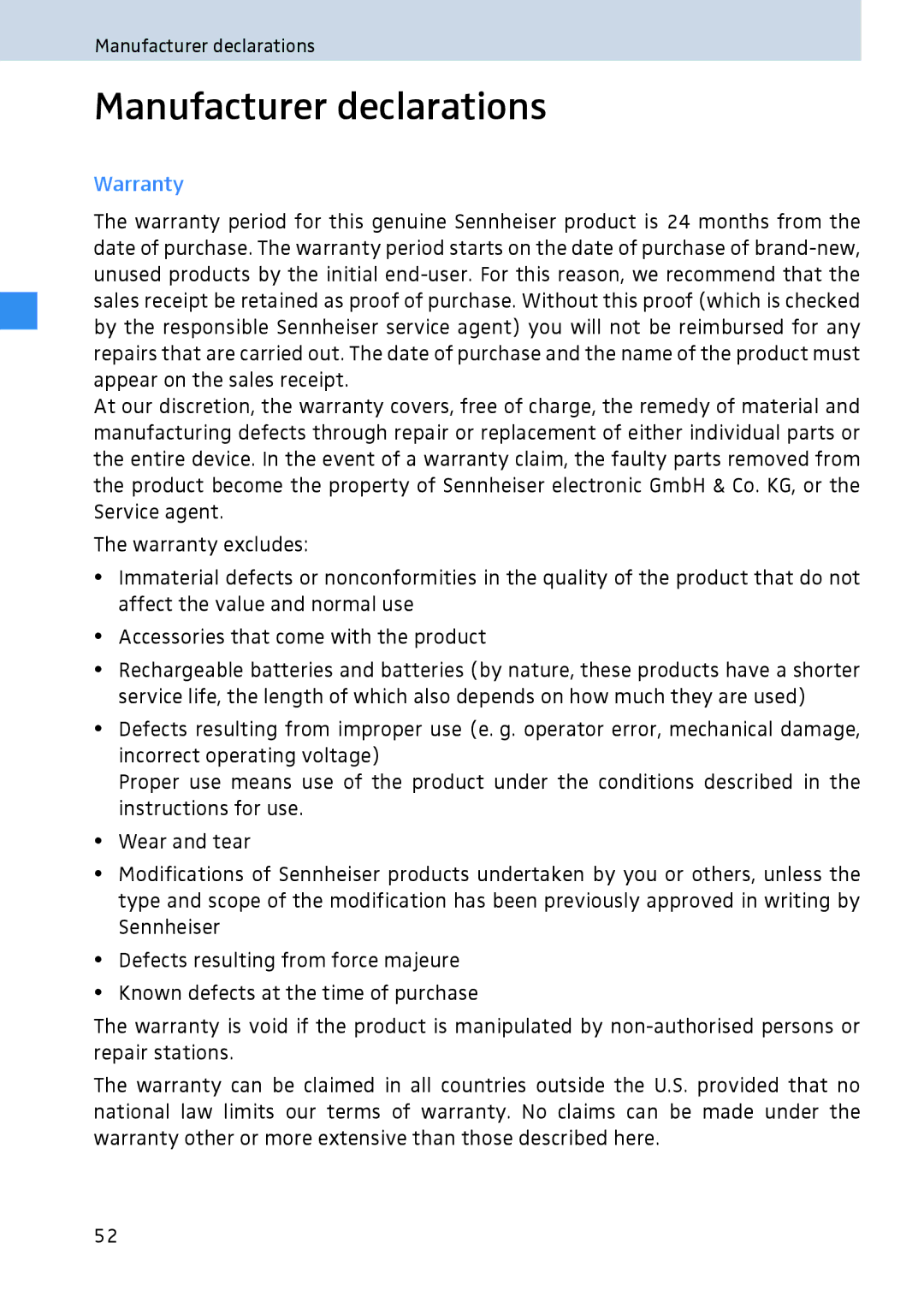 Sennheiser 2020 manual Manufacturer declarations, Warranty 