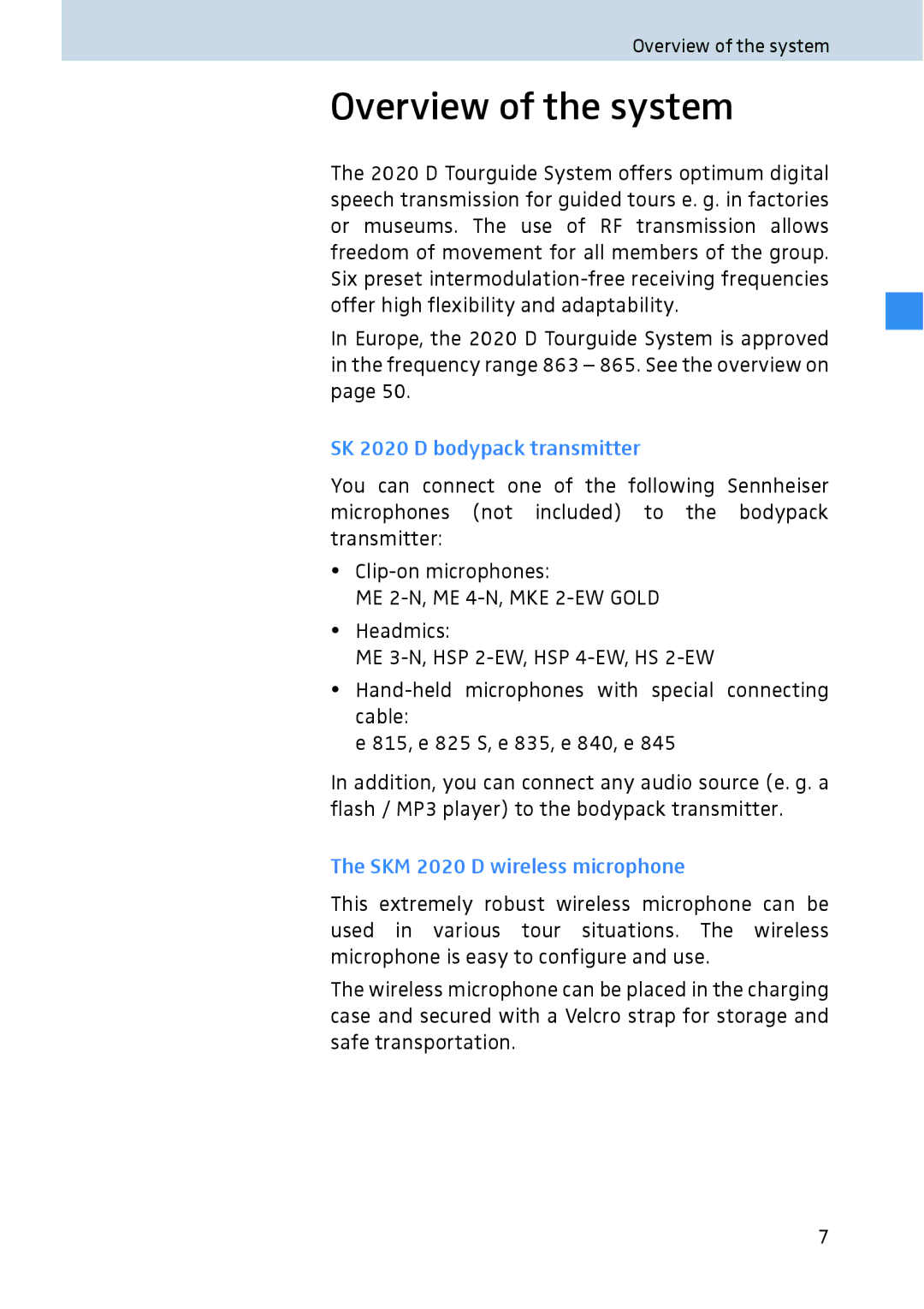 Sennheiser manual Overview of the system, SK 2020 D bodypack transmitter, SKM 2020 D wireless microphone 