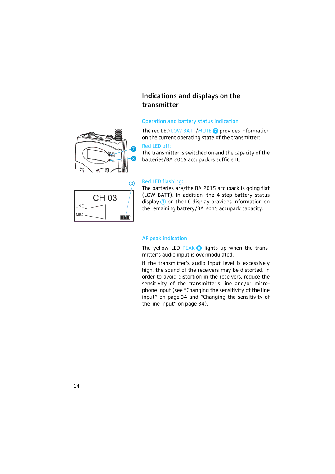 Sennheiser 2020 manual Indications and displays on the transmitter, Operation and battery status indication, Red LED off 