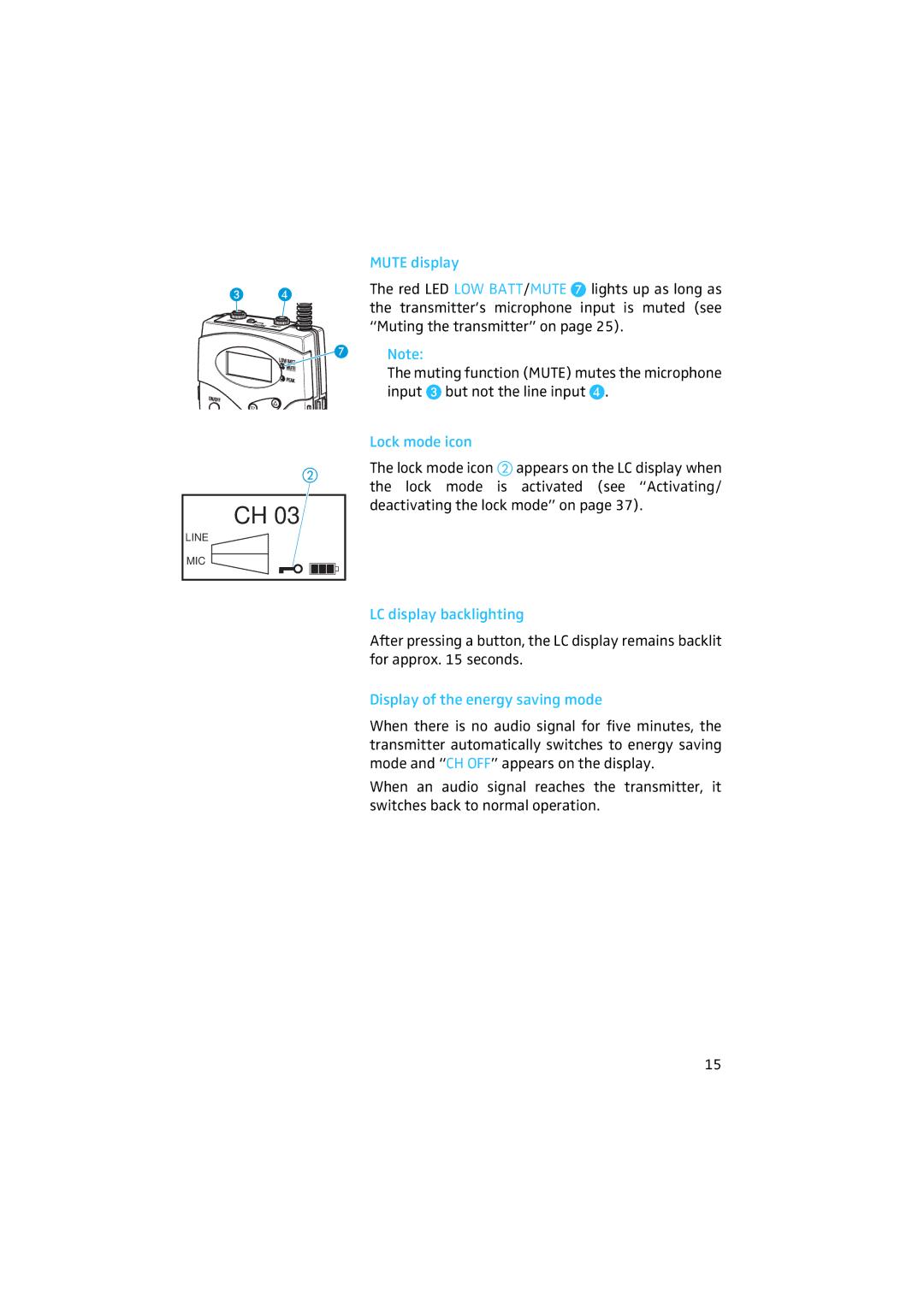 Sennheiser 2020 manual Mute display, Lock mode icon, LC display backlighting, Display of the energy saving mode 