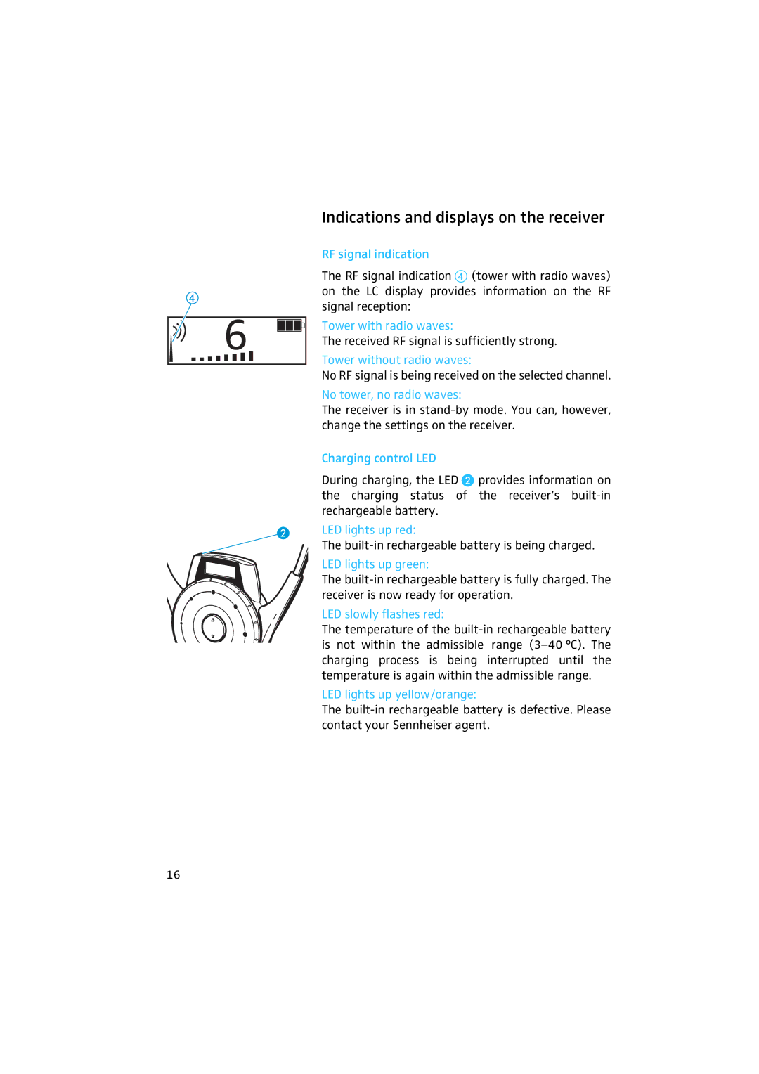 Sennheiser 2020 manual Indications and displays on the receiver 