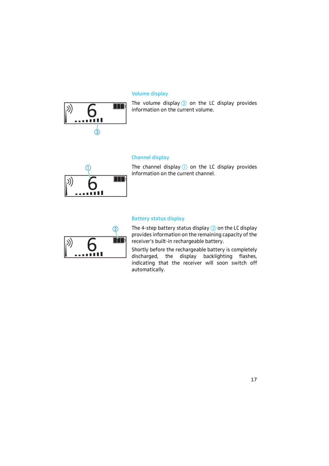 Sennheiser 2020 manual Volume display, Channel display, Battery status display 