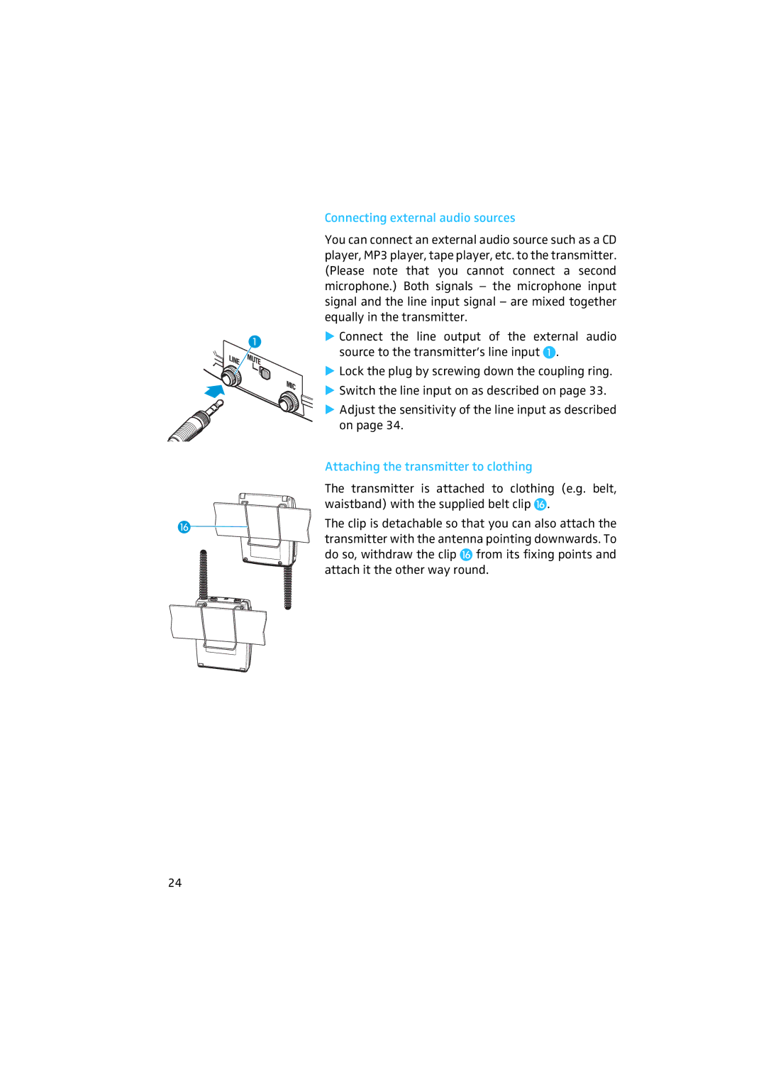 Sennheiser 2020 manual Connecting external audio sources, Attaching the transmitter to clothing 