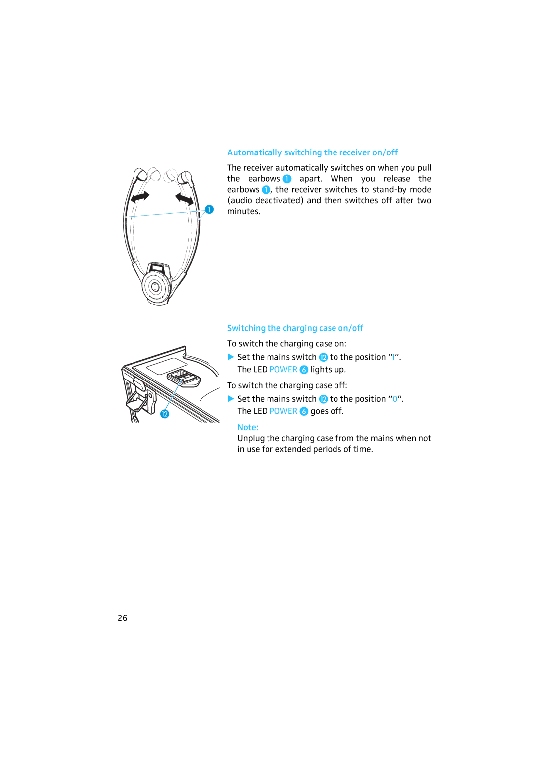 Sennheiser 2020 manual Automatically switching the receiver on/off, Switching the charging case on/off 