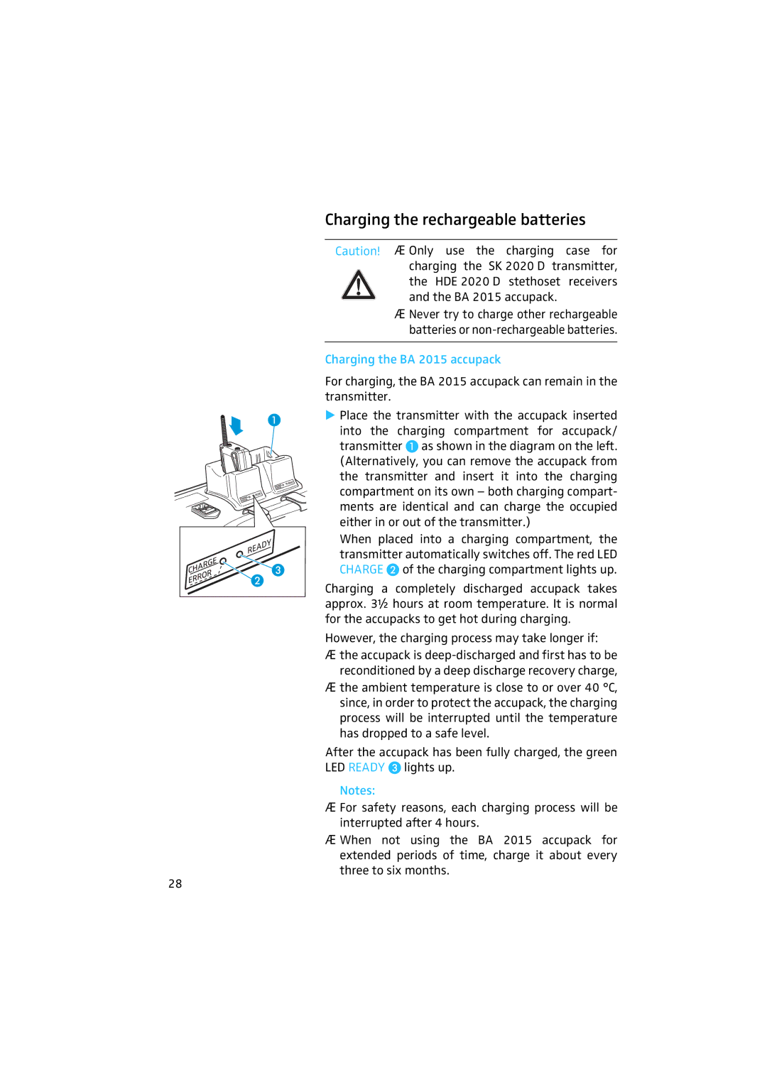 Sennheiser 2020 manual Charging the rechargeable batteries, Charging the BA 2015 accupack 