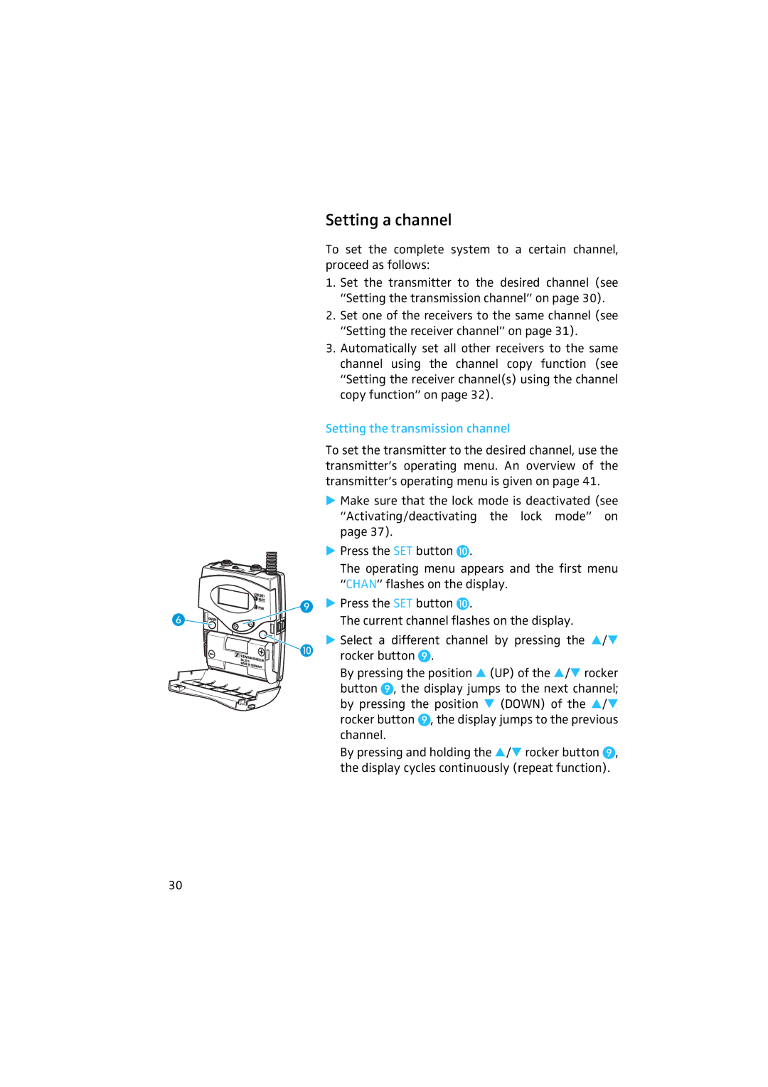 Sennheiser 2020 manual Setting a channel, Setting the transmission channel 