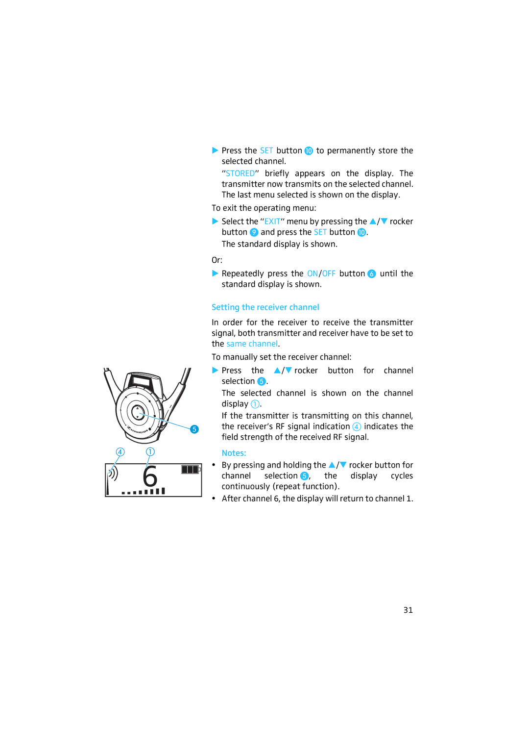 Sennheiser 2020 manual Press the SET button To permanently store Selected channel, Setting the receiver channel 