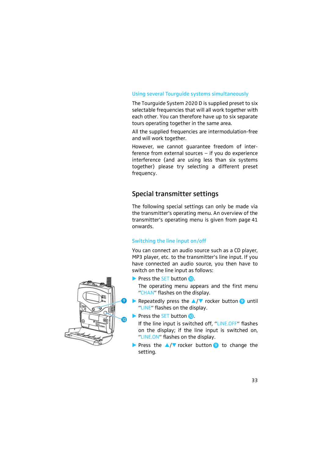 Sennheiser 2020 manual Special transmitter settings, Using several Tourguide systems simultaneously 