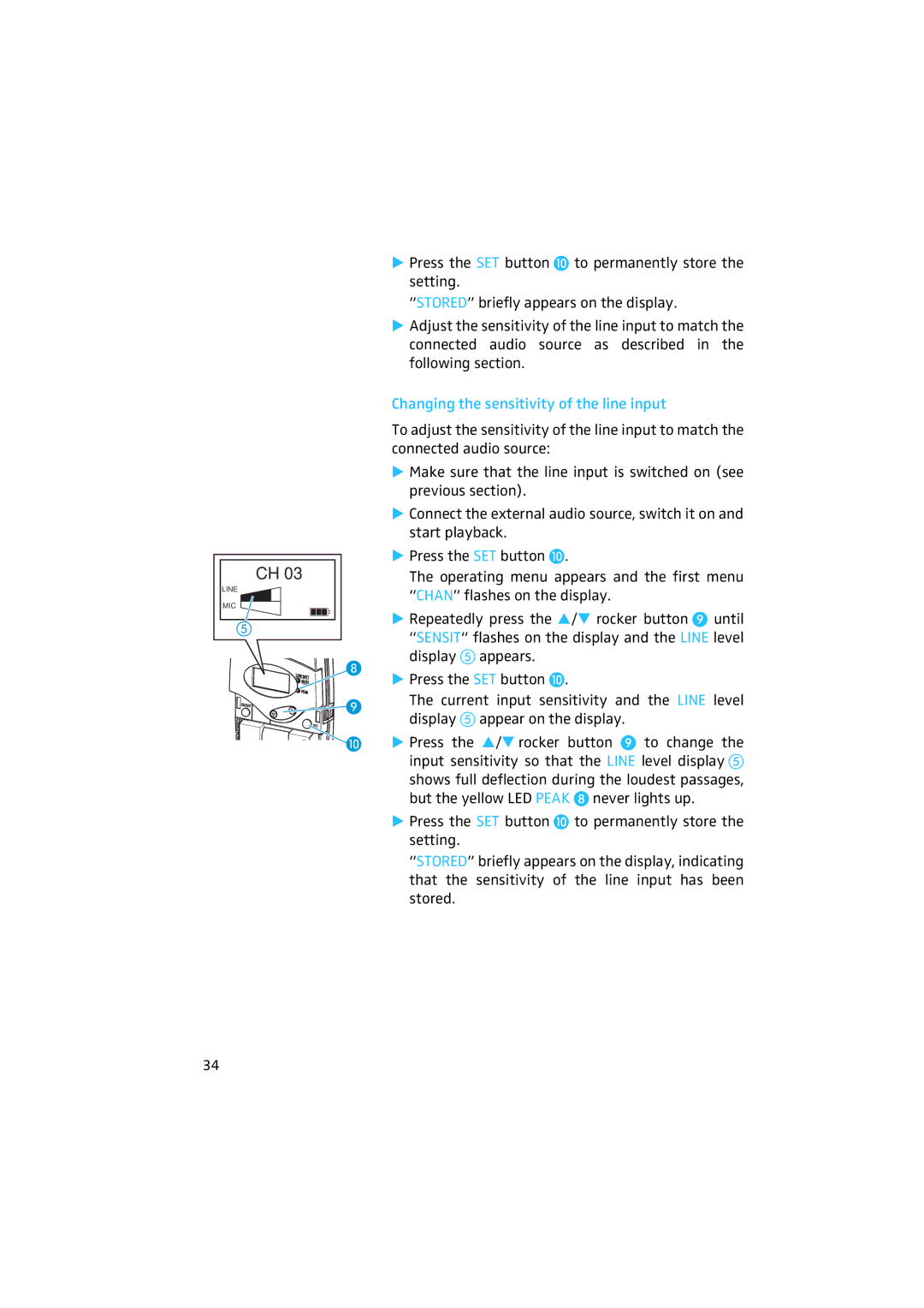 Sennheiser 2020 manual Changing the sensitivity of the line input 