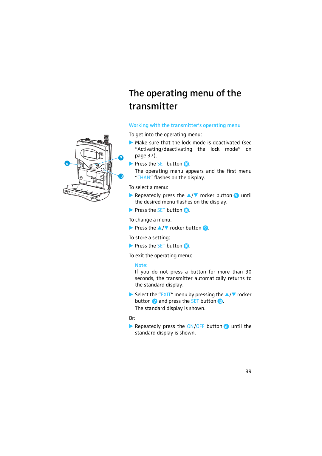 Sennheiser 2020 manual Operating menu of the transmitter, Working with the transmitter’s operating menu 