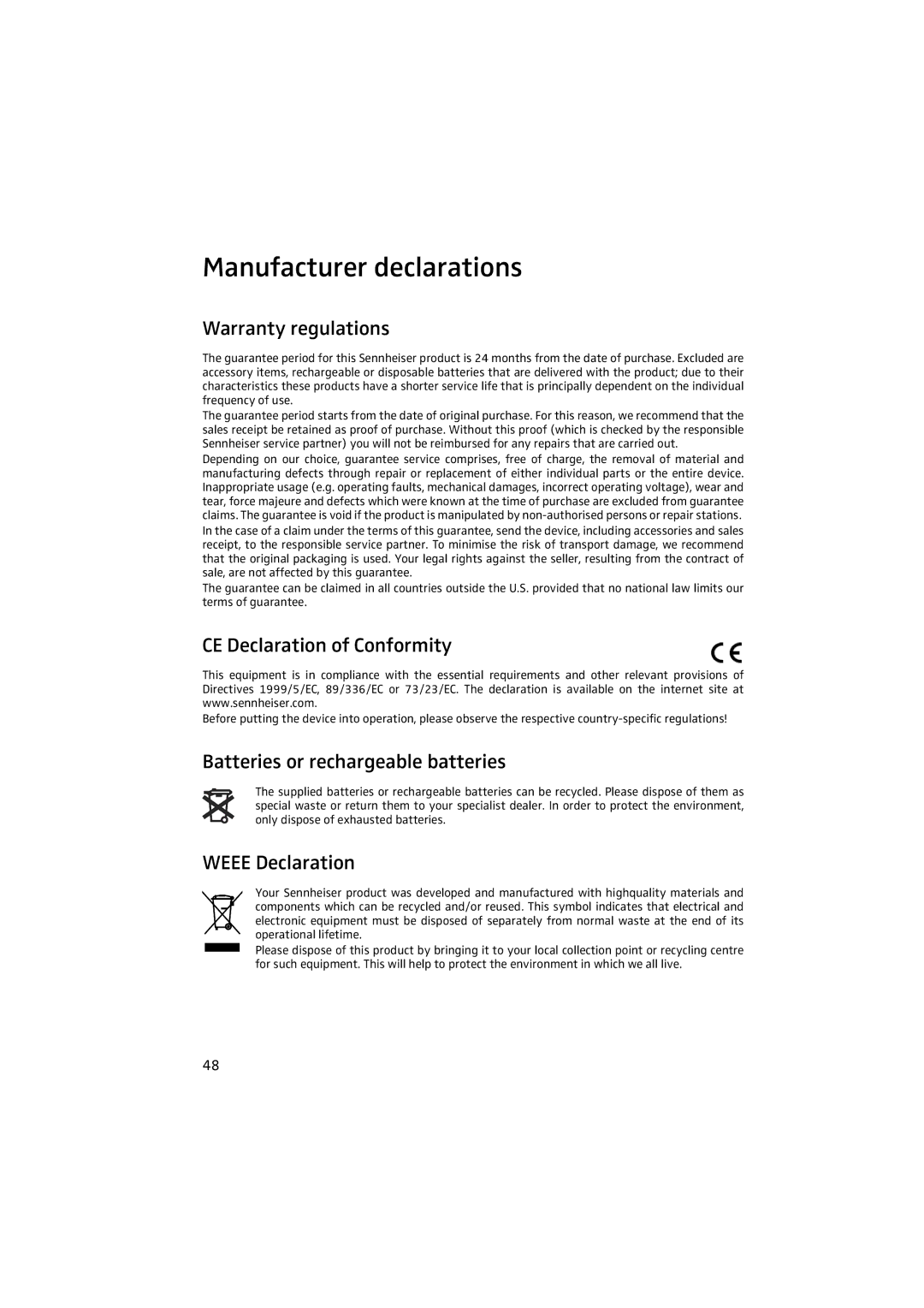 Sennheiser 2020 manual Manufacturer declarations, Warranty regulations, CE Declaration of Conformity, Weee Declaration 