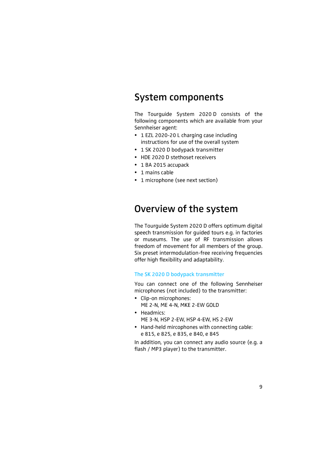 Sennheiser manual System components, Overview of the system, SK 2020 D bodypack transmitter 