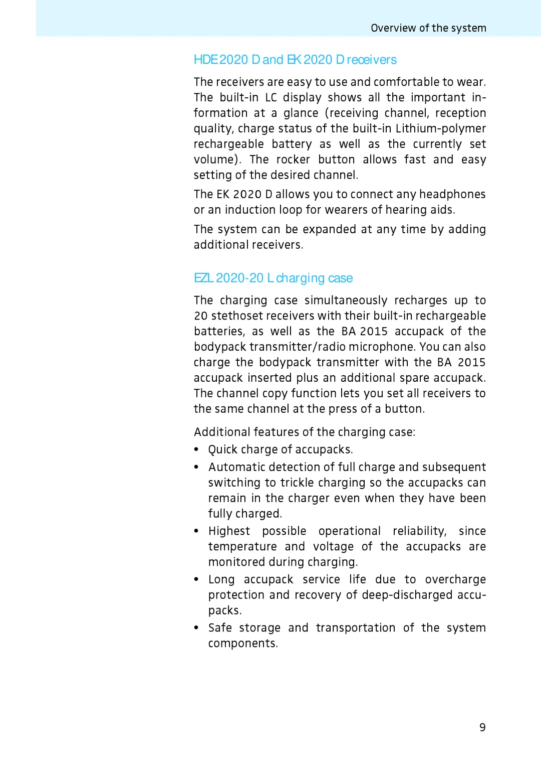 Sennheiser instruction manual HDE 2020 D and EK 2020 D receivers, EZL 2020-20 L charging case 