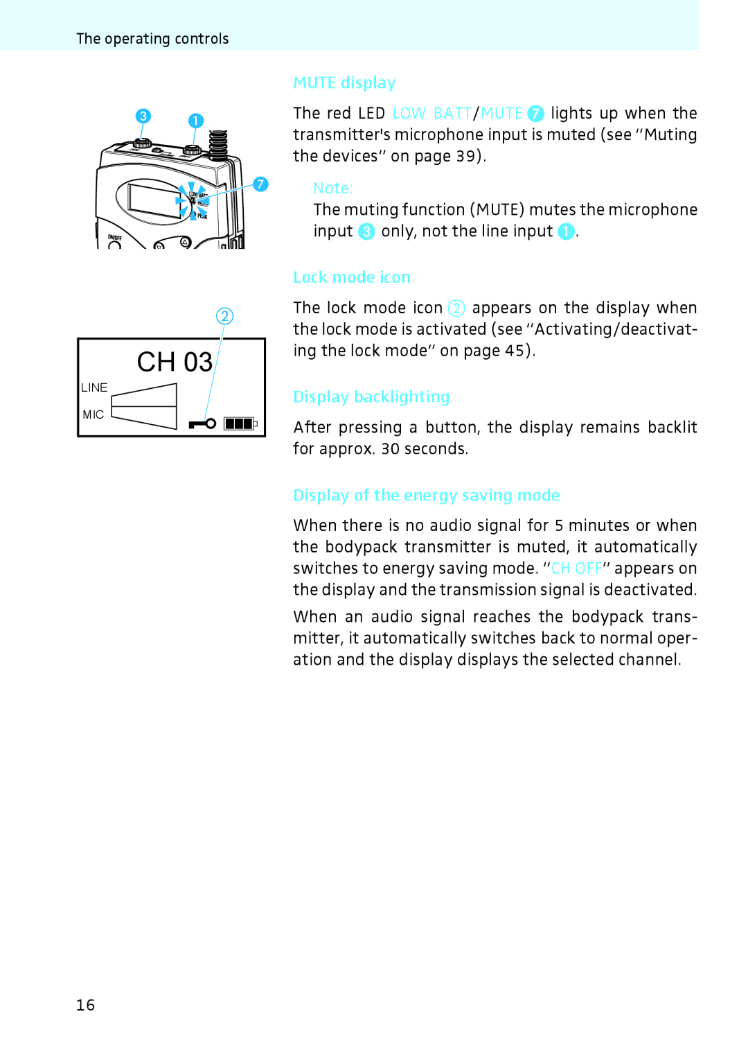 Sennheiser 2020 instruction manual Mute display, Lock mode icon, Display backlighting, Display of the energy saving mode 