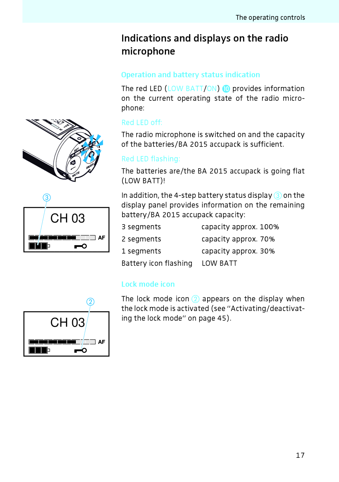 Sennheiser 2020 instruction manual Indications and displays on the radio microphone 