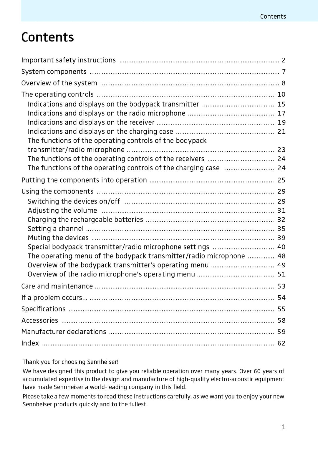 Sennheiser 2020 instruction manual Contents 