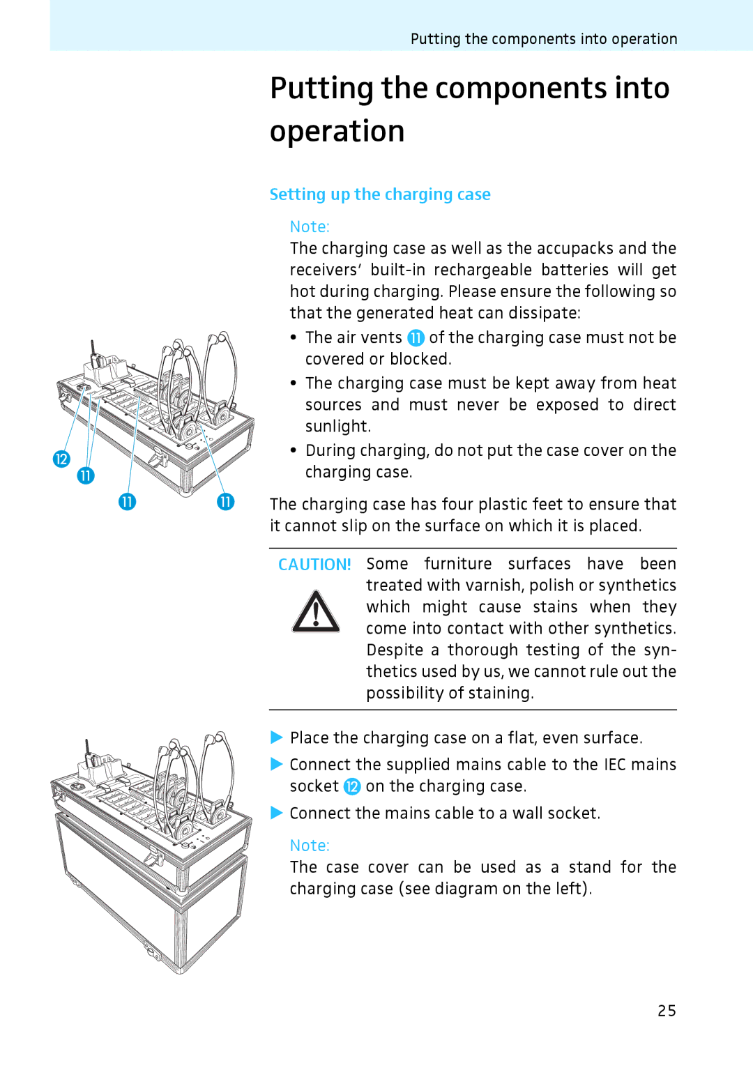 Sennheiser 2020 instruction manual Putting the components into operation, Setting up the charging case 