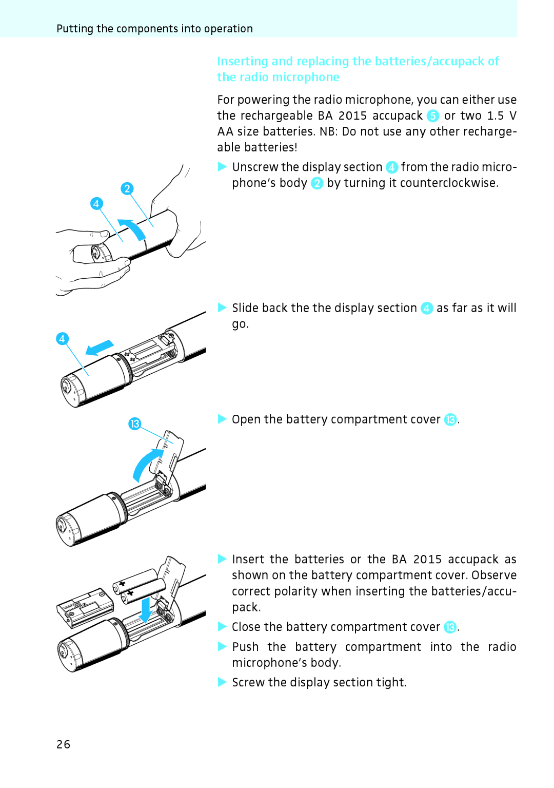 Sennheiser 2020 instruction manual Putting the components into operation 