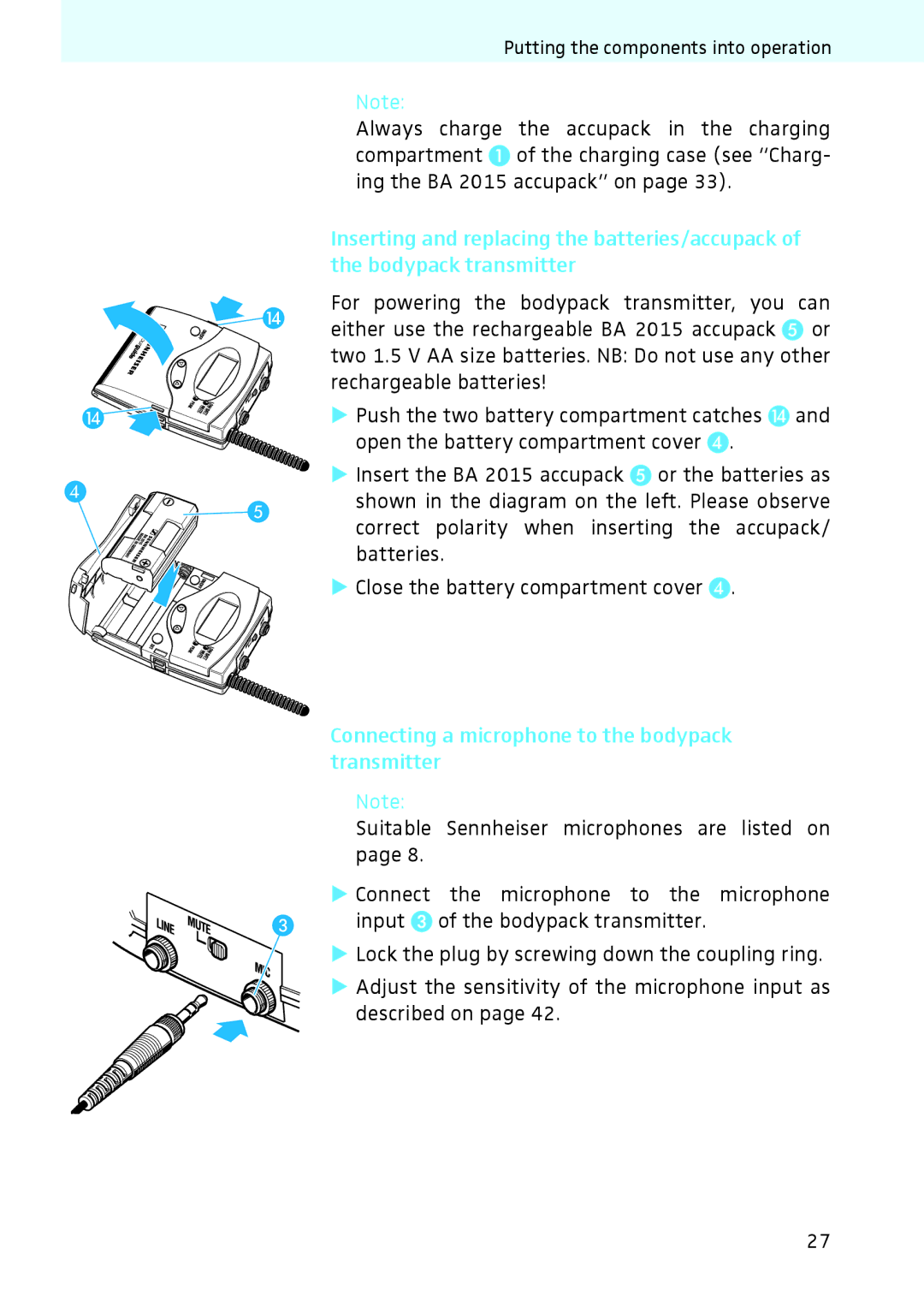 Sennheiser 2020 instruction manual Connecting a microphone to the bodypack transmitter 