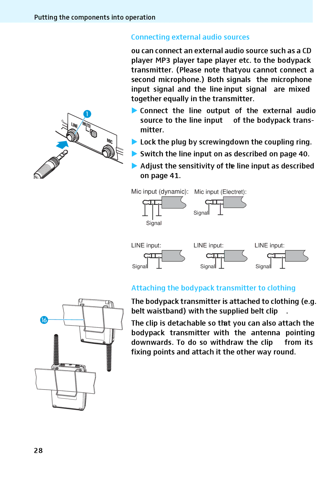 Sennheiser 2020 instruction manual Connecting external audio sources, Attaching the bodypack transmitter to clothing 