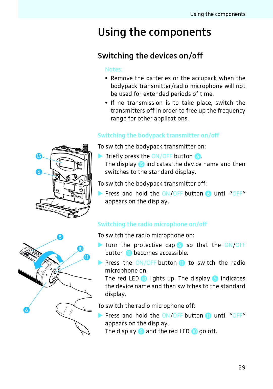 Sennheiser 2020 Using the components, Switching the devices on/off, Switching the bodypack transmitter on/off 