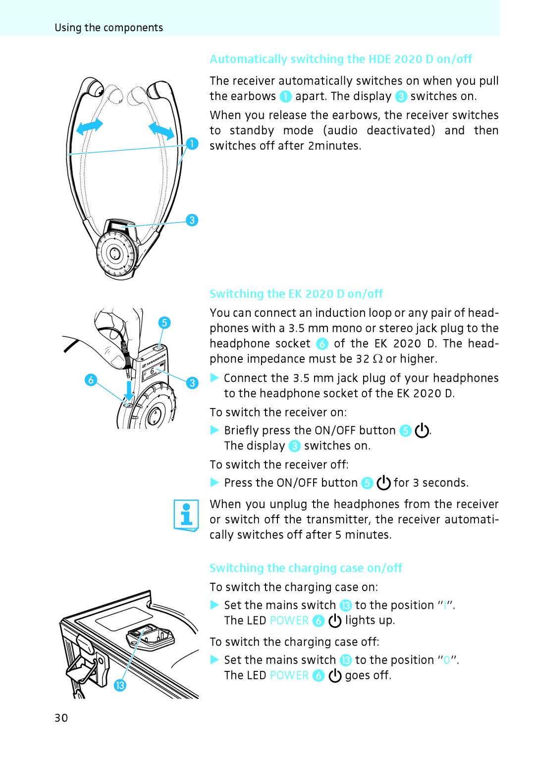 Sennheiser instruction manual Automatically switching the HDE 2020 D on/off, Switching the EK 2020 D on/off 