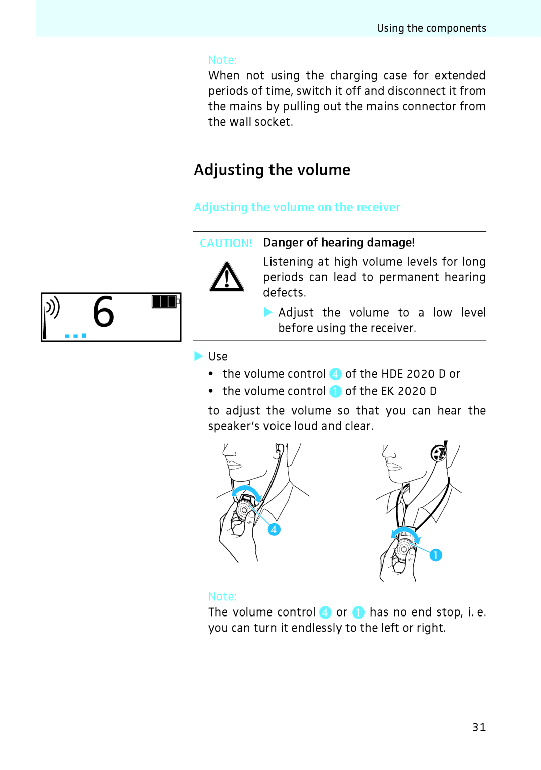 Sennheiser 2020 instruction manual Adjusting the volume on the receiver 