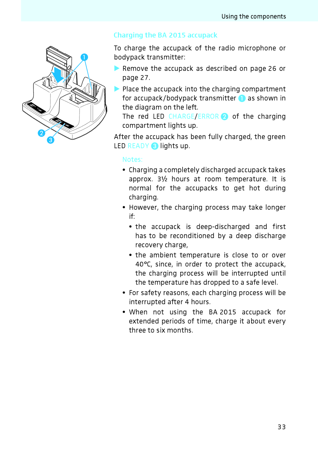 Sennheiser 2020 instruction manual Charging the BA 2015 accupack 