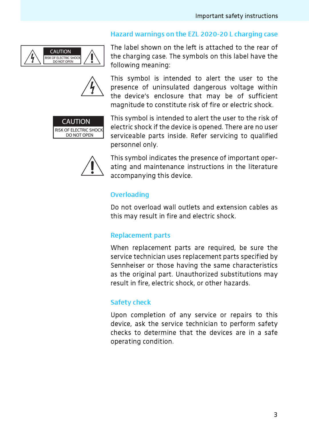 Sennheiser Hazard warnings on the EZL 2020-20 L charging case, Overloading, Replacement parts, Safety check 