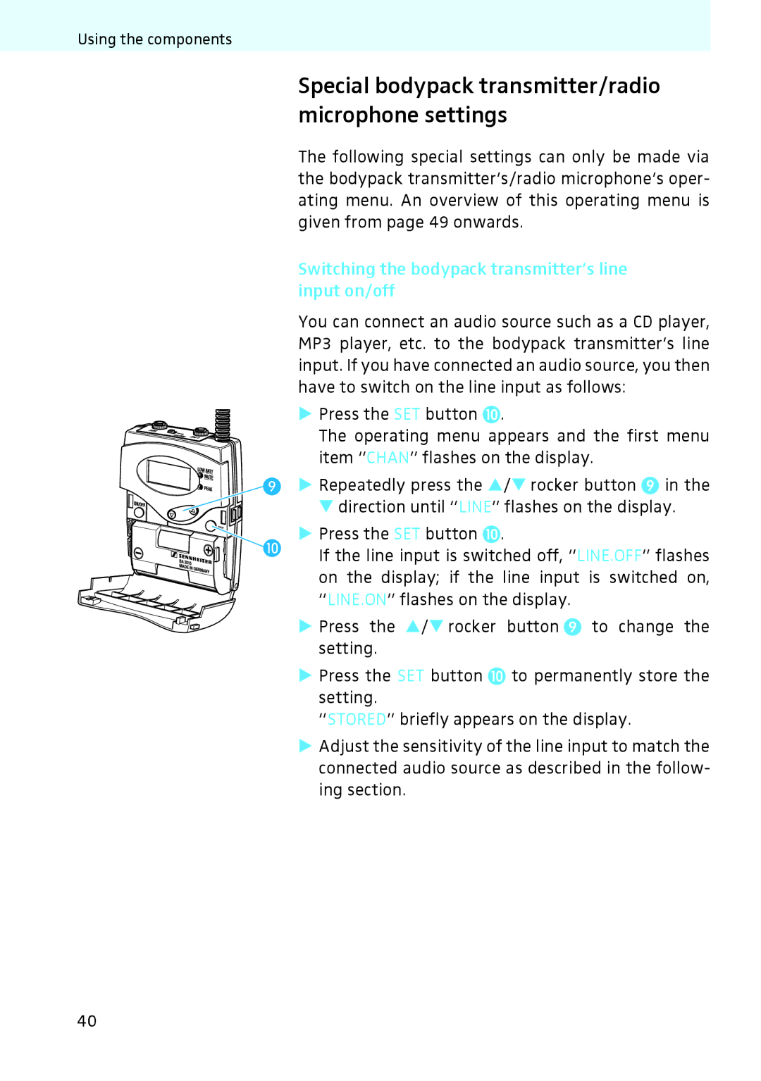 Sennheiser 2020 instruction manual Special bodypack transmitter/radio microphone settings 