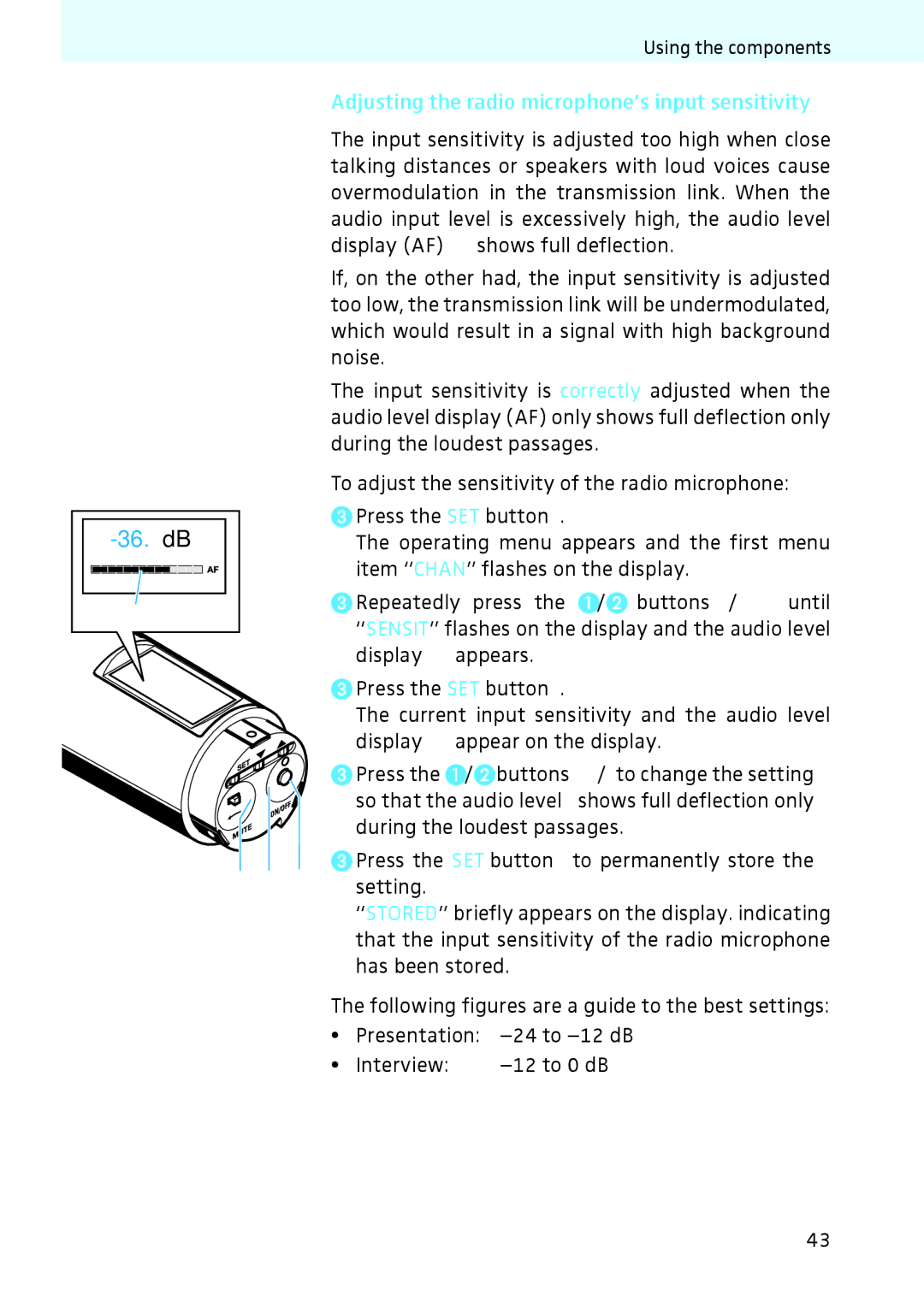 Sennheiser 2020 instruction manual 36. dB, Adjusting the radio microphone’s input sensitivity 