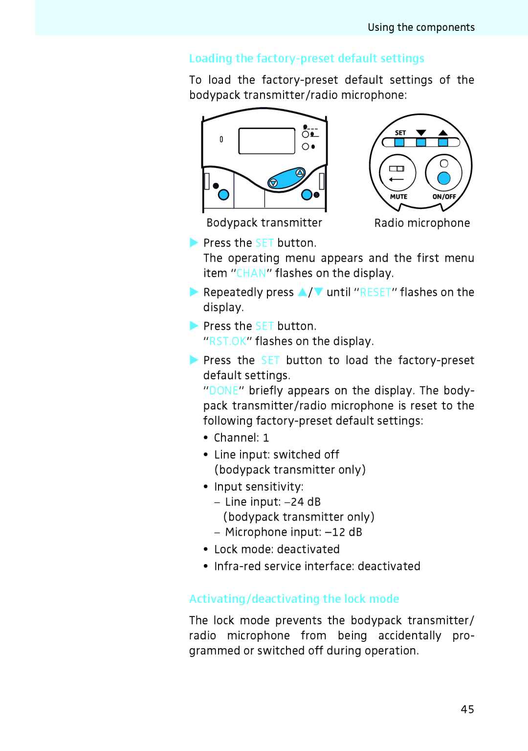 Sennheiser 2020 instruction manual Loading the factory-preset default settings, Activating/deactivating the lock mode 