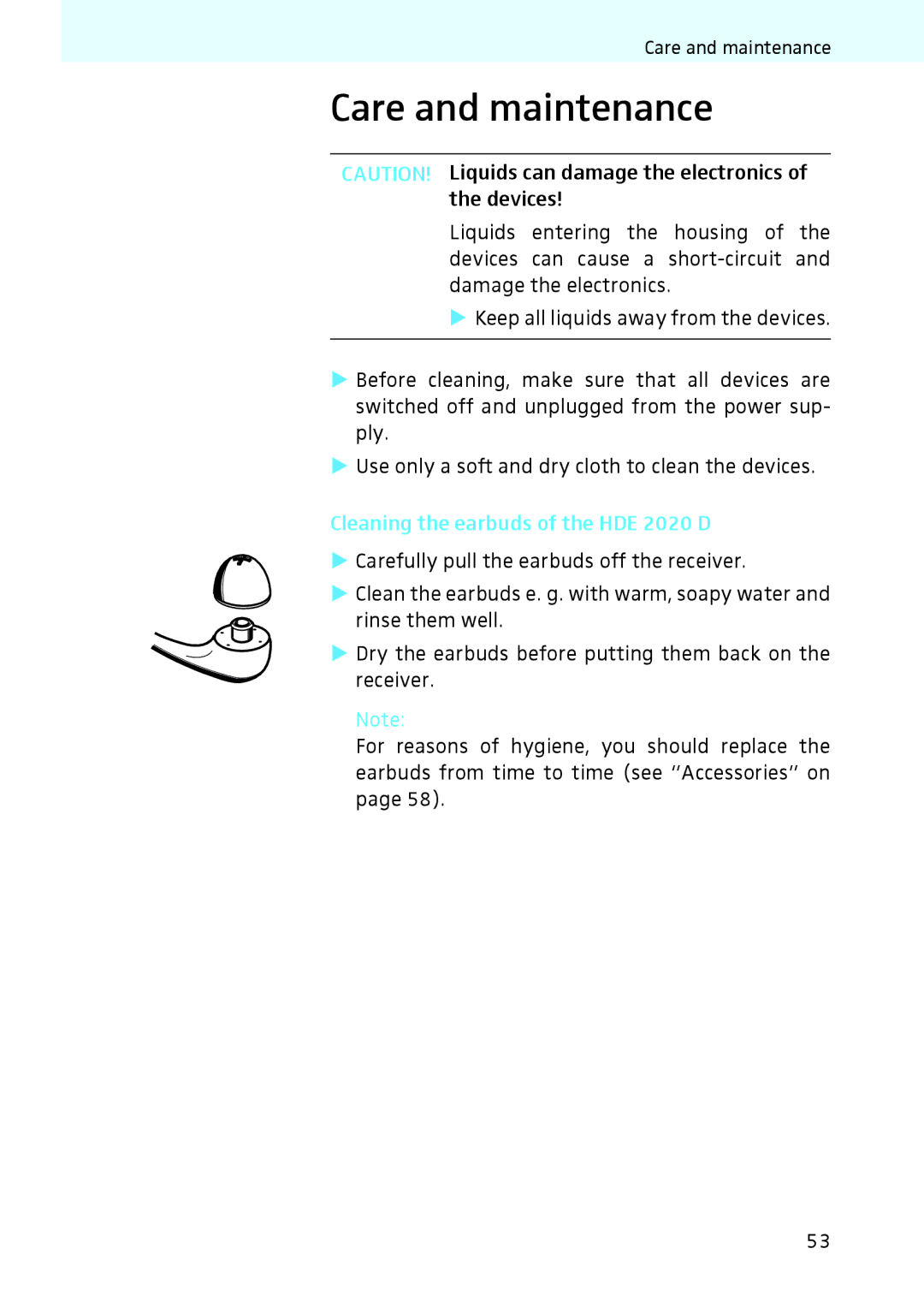 Sennheiser instruction manual Care and maintenance, Cleaning the earbuds of the HDE 2020 D 