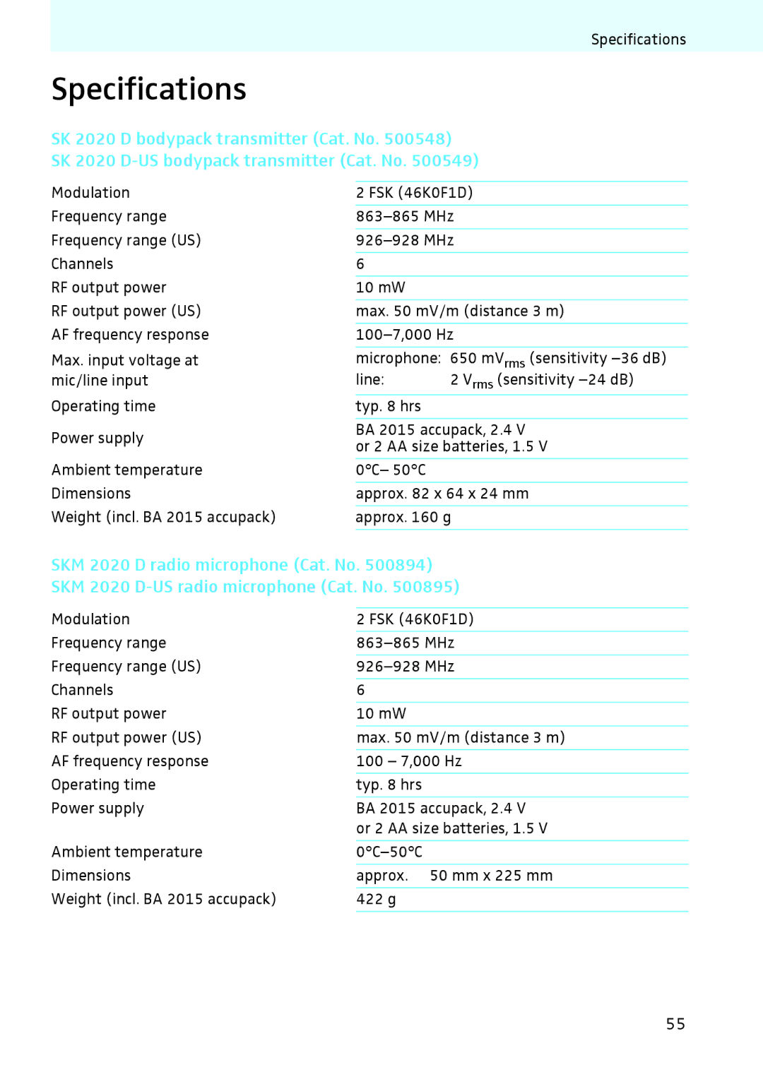 Sennheiser 2020 instruction manual Specifications 