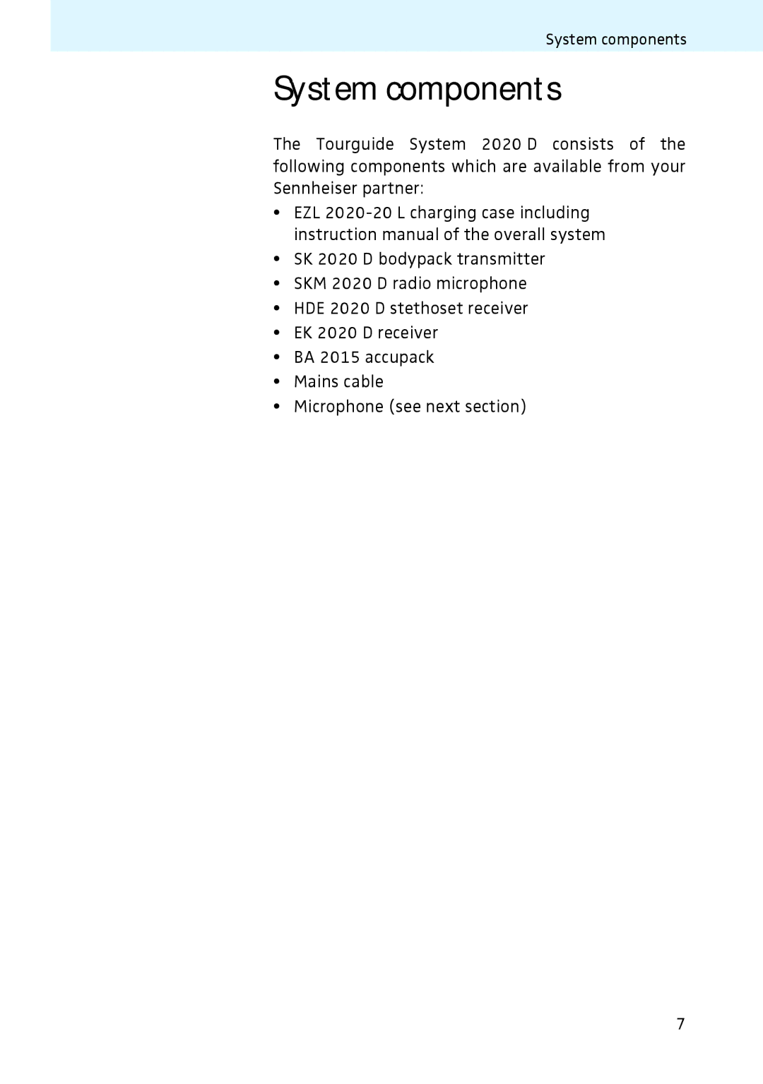 Sennheiser 2020 instruction manual System components 