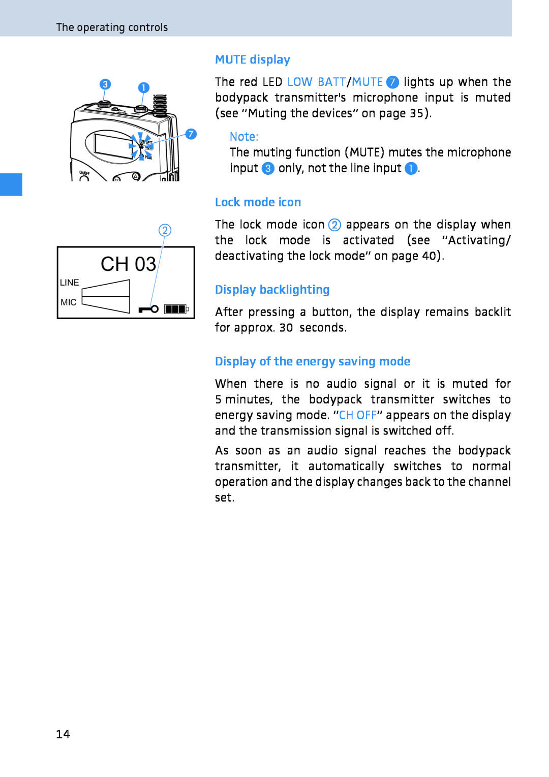 Sennheiser 2020 manual MUTE display, Lock mode icon, Display backlighting, Display of the energy saving mode 