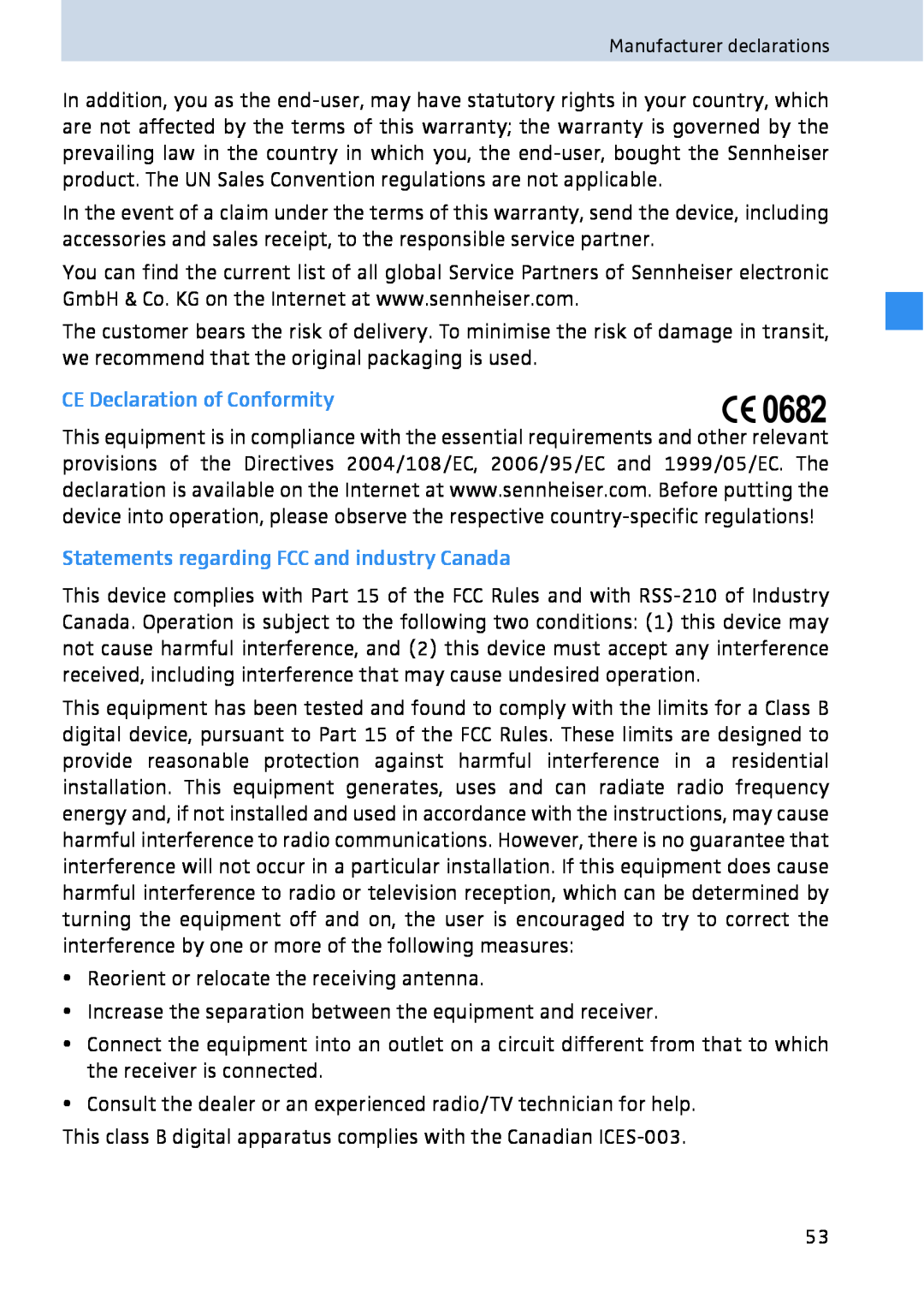 Sennheiser 2020 manual CE Declaration of Conformity, Statements regarding FCC and industry Canada, 0682 