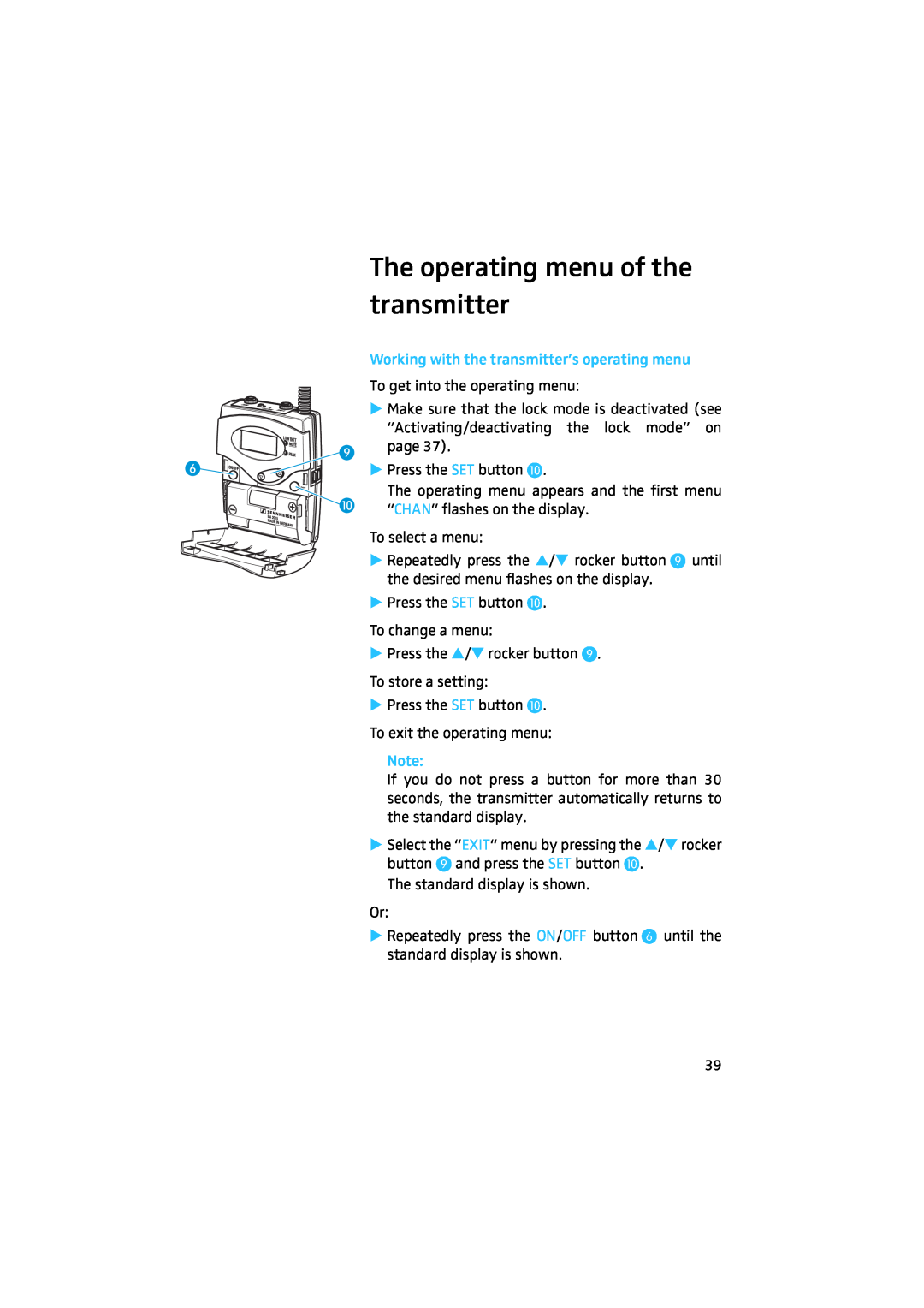 Sennheiser 2020 manual The operating menu of the transmitter 