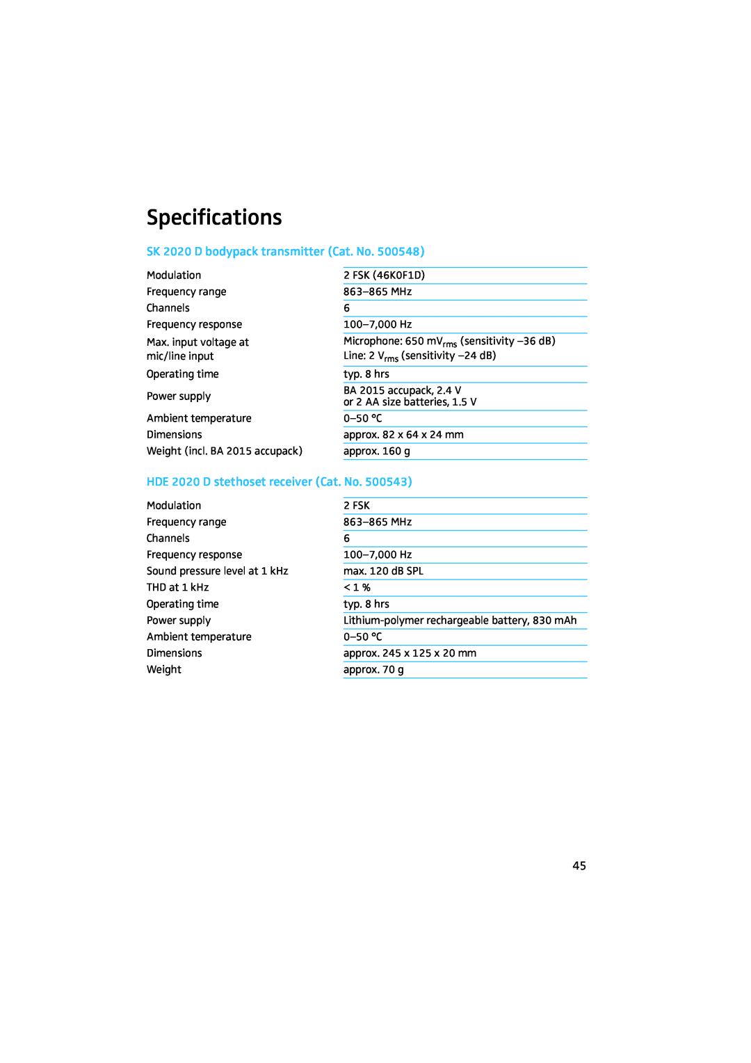 Sennheiser manual Specifications, SK 2020 D bodypack transmitter Cat. No, HDE 2020 D stethoset receiver Cat. No 