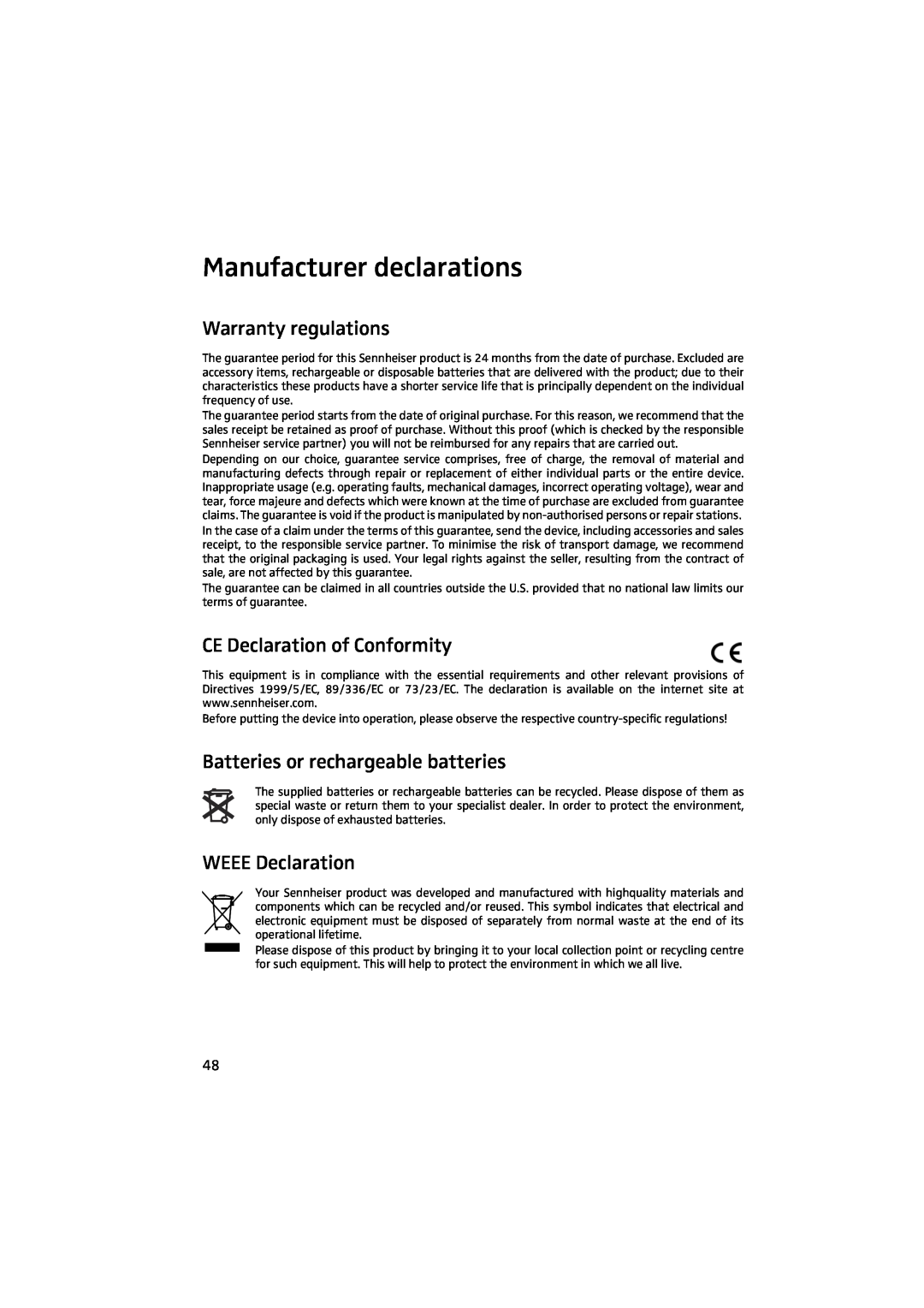 Sennheiser 2020 manual Manufacturer declarations, Warranty regulations, CE Declaration of Conformity, WEEE Declaration 
