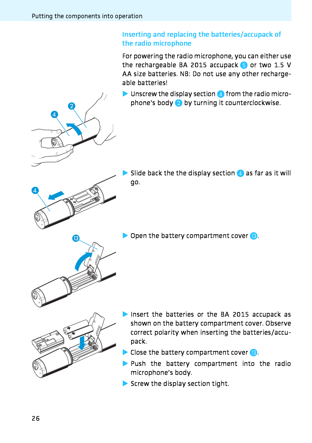 Sennheiser 2020 instruction manual Open the battery compartment cover 