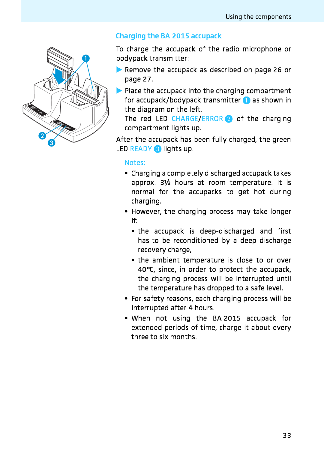 Sennheiser 2020 instruction manual Charging the BA 2015 accupack, However, the charging process may take longer if 