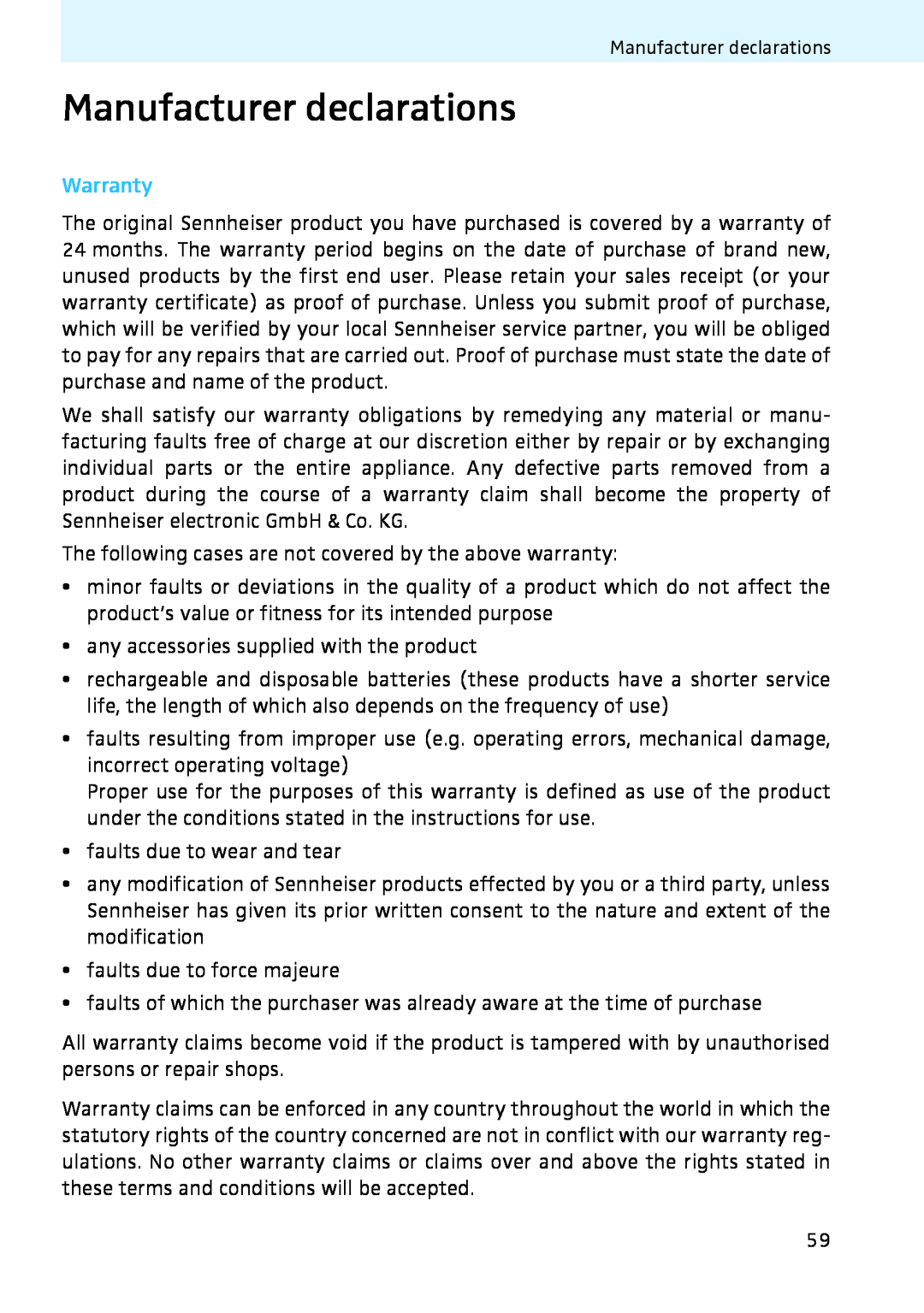 Sennheiser 2020 instruction manual Manufacturer declarations, Warranty 