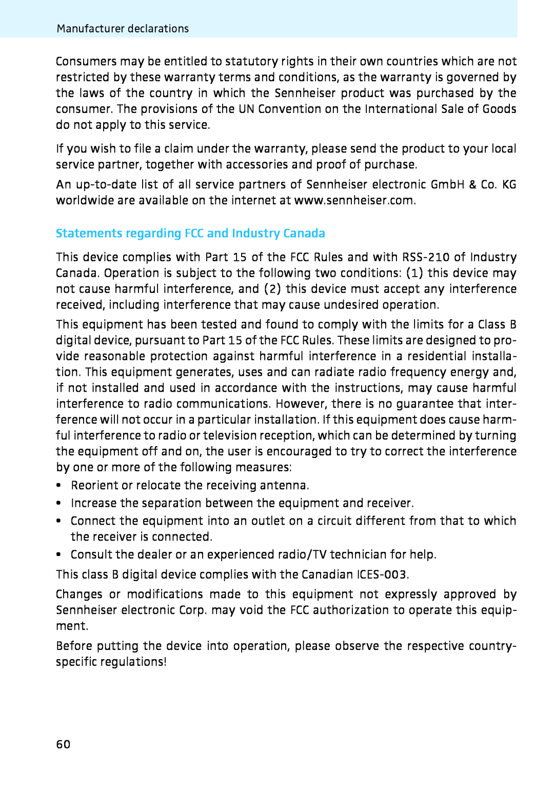 Sennheiser 2020 instruction manual Statements regarding FCC and Industry Canada, Reorient or relocate the receiving antenna 