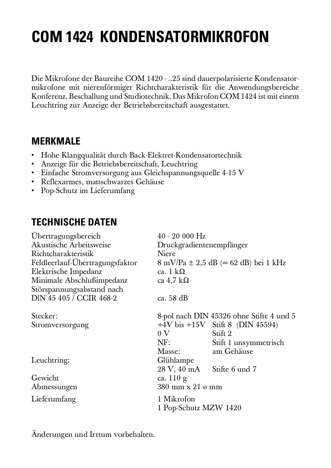 Sennheiser 20230 manual COM 1424 Kondensatormikrofon, Merkmale, Technische Daten 