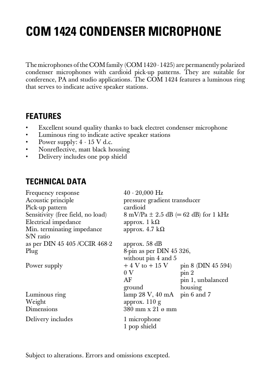 Sennheiser 20230 manual COM 1424 Condenser Microphone, Features, Technical Data 