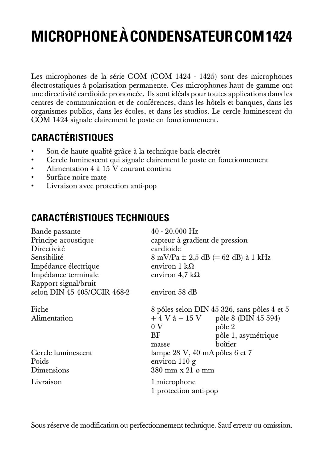 Sennheiser 20230 manual Microphone À Condensateur COM, Caractéristiques Techniques 